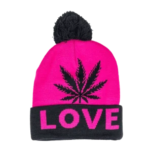 Pink and Black Weed Leaf Love Beanie