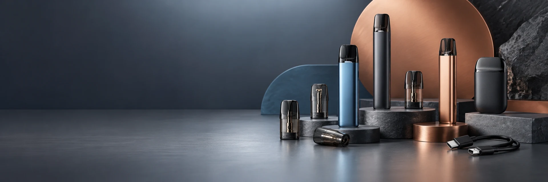 Adult vape devices, replacement pods and charging accessories arranged in a modern product studio.