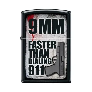 Zippo Lighter - 9MM Faster Than Dialing 911 Black Matte
